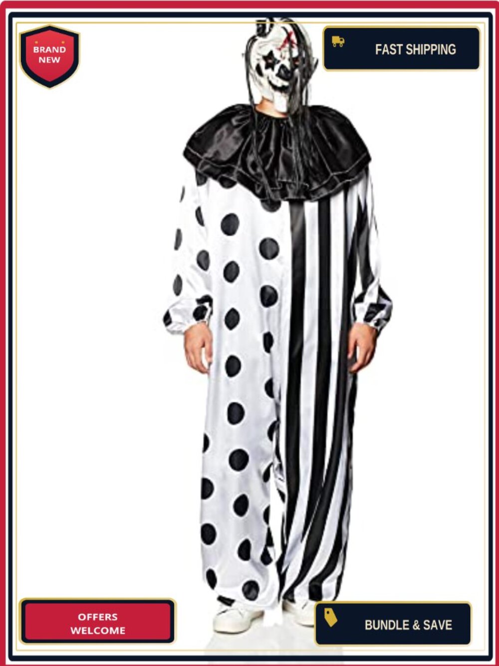 Adult Killer Clown Costume Complete Jumpsuit Ruffle Collar Latex Mask
